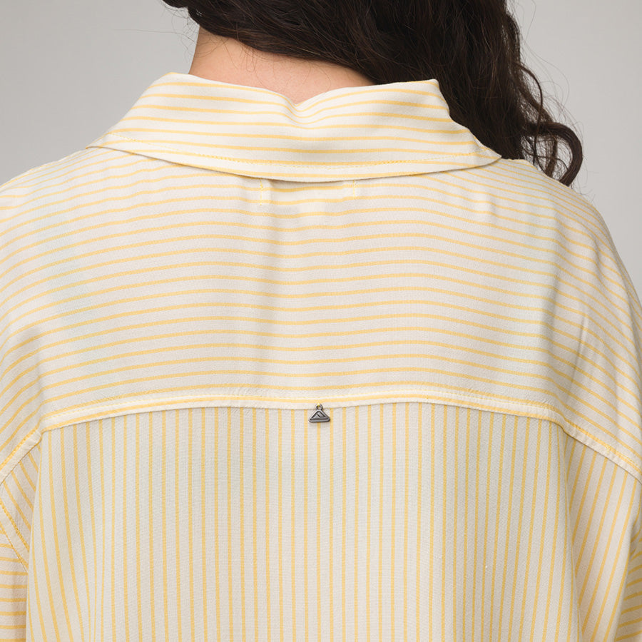 Ellie Button Up back view showing yellow striped lightweight fabric with relaxed collar, beach-inspired comfort apparel