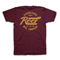 Back view of maroon Fasten Short Sleeve Tee with vintage yellow Reef logo graphic, soft and lightweight for everyday comfort.