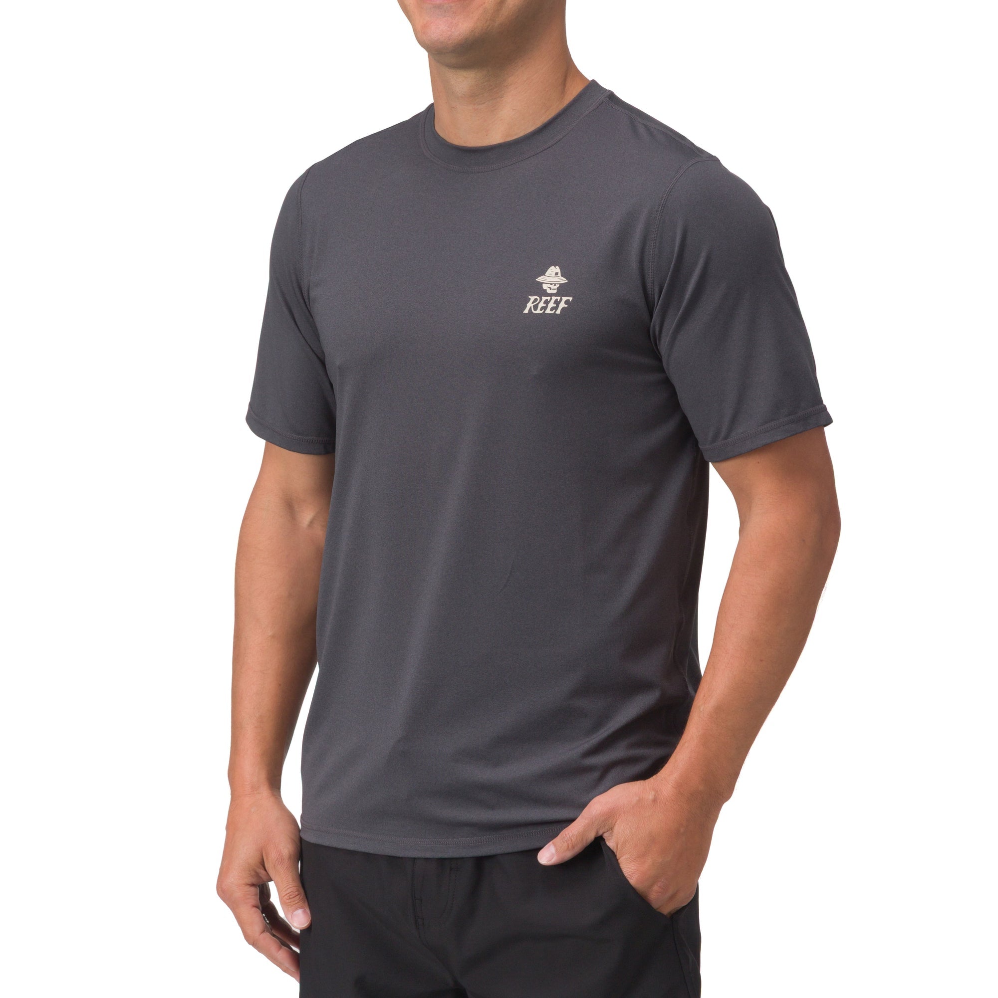 Men's Siesta Performance Shirt front view in dark gray, surf-inspired comfort apparel for active beach lifestyles.