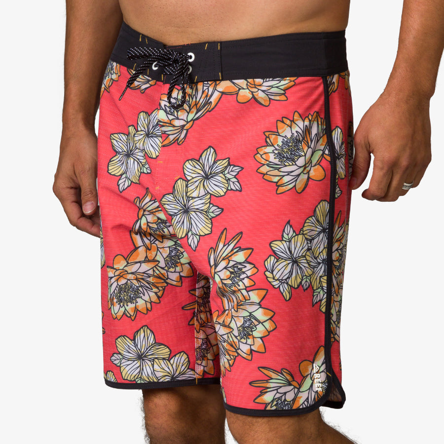 Men's Tanner Boardshort front view with coral floral pattern, surf-inspired comfort, and water-friendly materials.