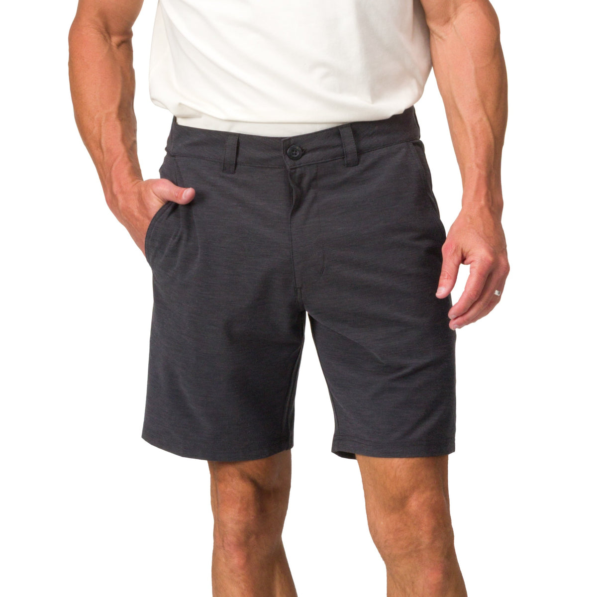 Front view of men's Destro Hybrid Short in dark color for beach and everyday comfort apparel
