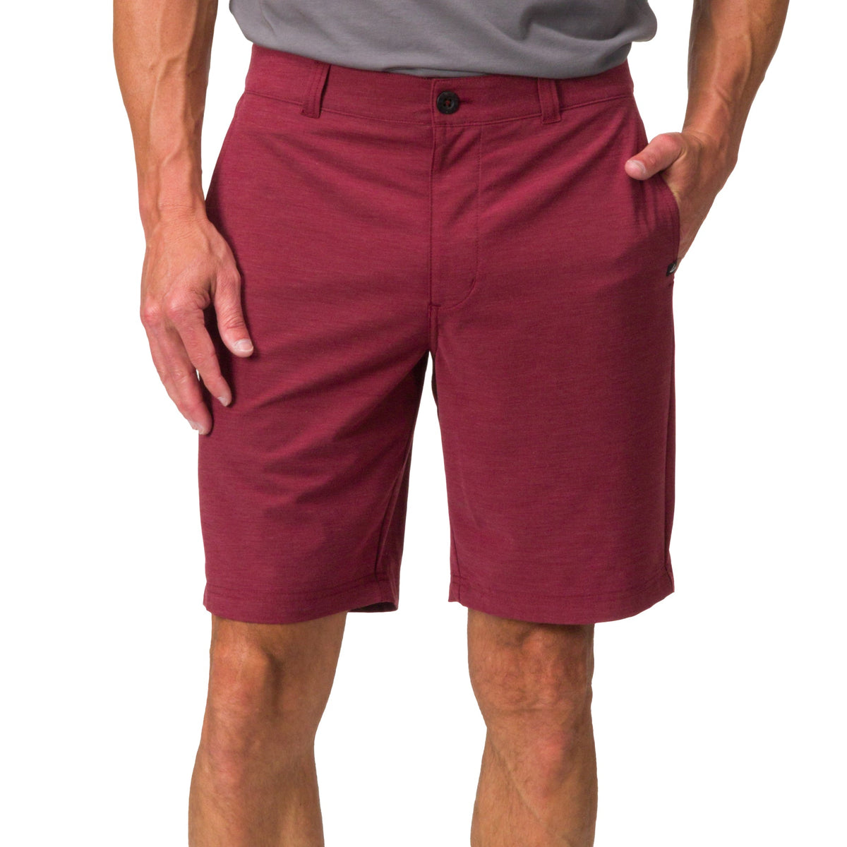 Front view of men’s Destro Hybrid Short in deep red, designed for beach comfort with durable, water-friendly fabric.