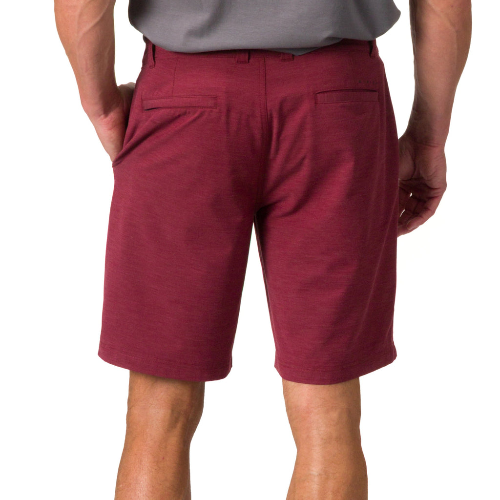 Back view of men wearing burgundy Destro Hybrid Short, featuring comfortable, durable beach-inspired apparel.