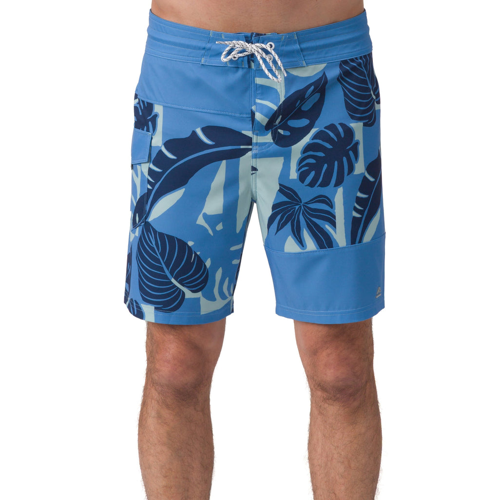 Front view of men's Gonzo Boardshort in blue with tropical leaf pattern, designed for beach comfort and durability.