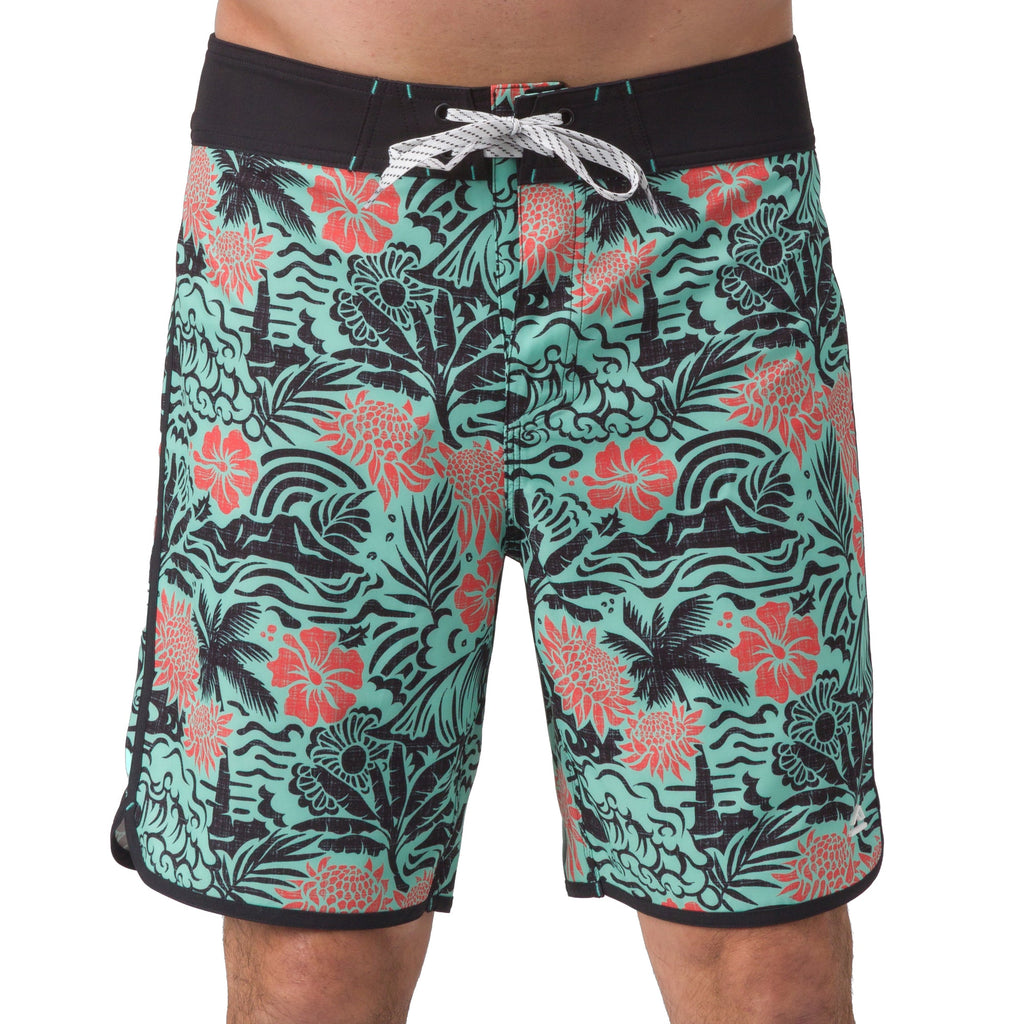 Front view of men's Fayder Boardshort with turquoise and coral floral pattern and black waistband, surf-inspired comfort.