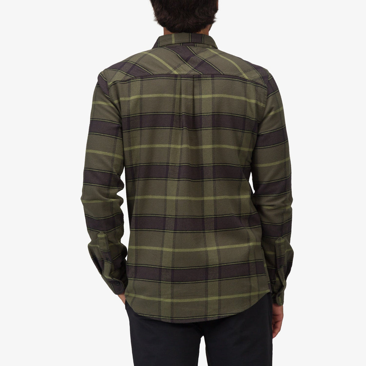 Anders Long Sleeve Woven Shirt shown from the back in olive plaid, surf-inspired comfort apparel for everyday wear.