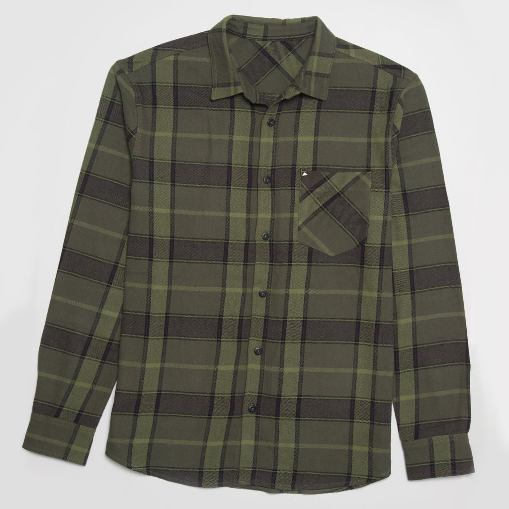 Anders Long Sleeve Woven Shirt in green plaid, front view, designed for comfort and beach-inspired style.