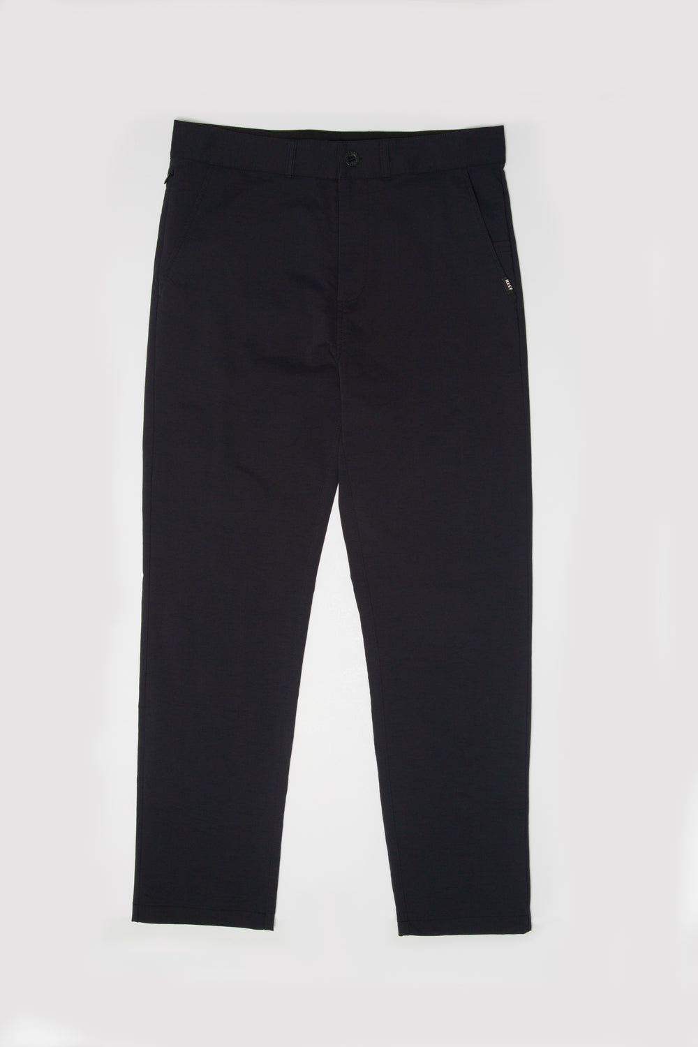 Front view of men's Carrick Stretch Pant in black, designed for comfort and active beach lifestyles.