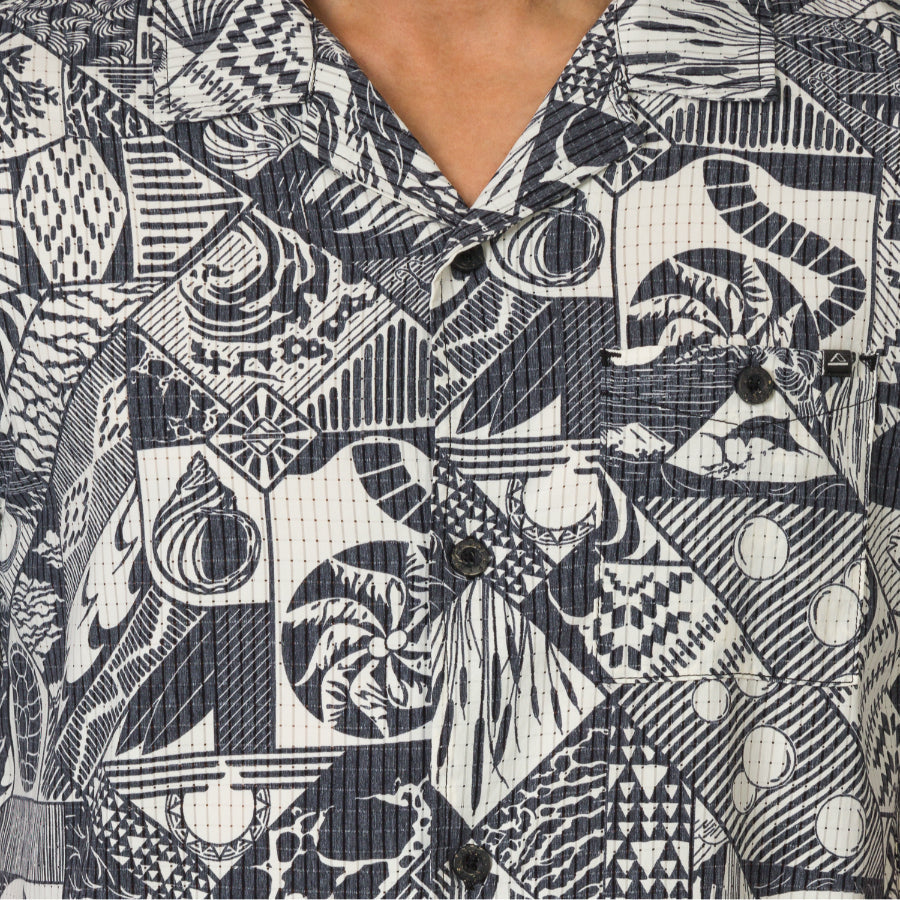 Close-up front view of Beckham Camp Shirt with black and white geometric beach-inspired pattern for men’s comfort apparel.