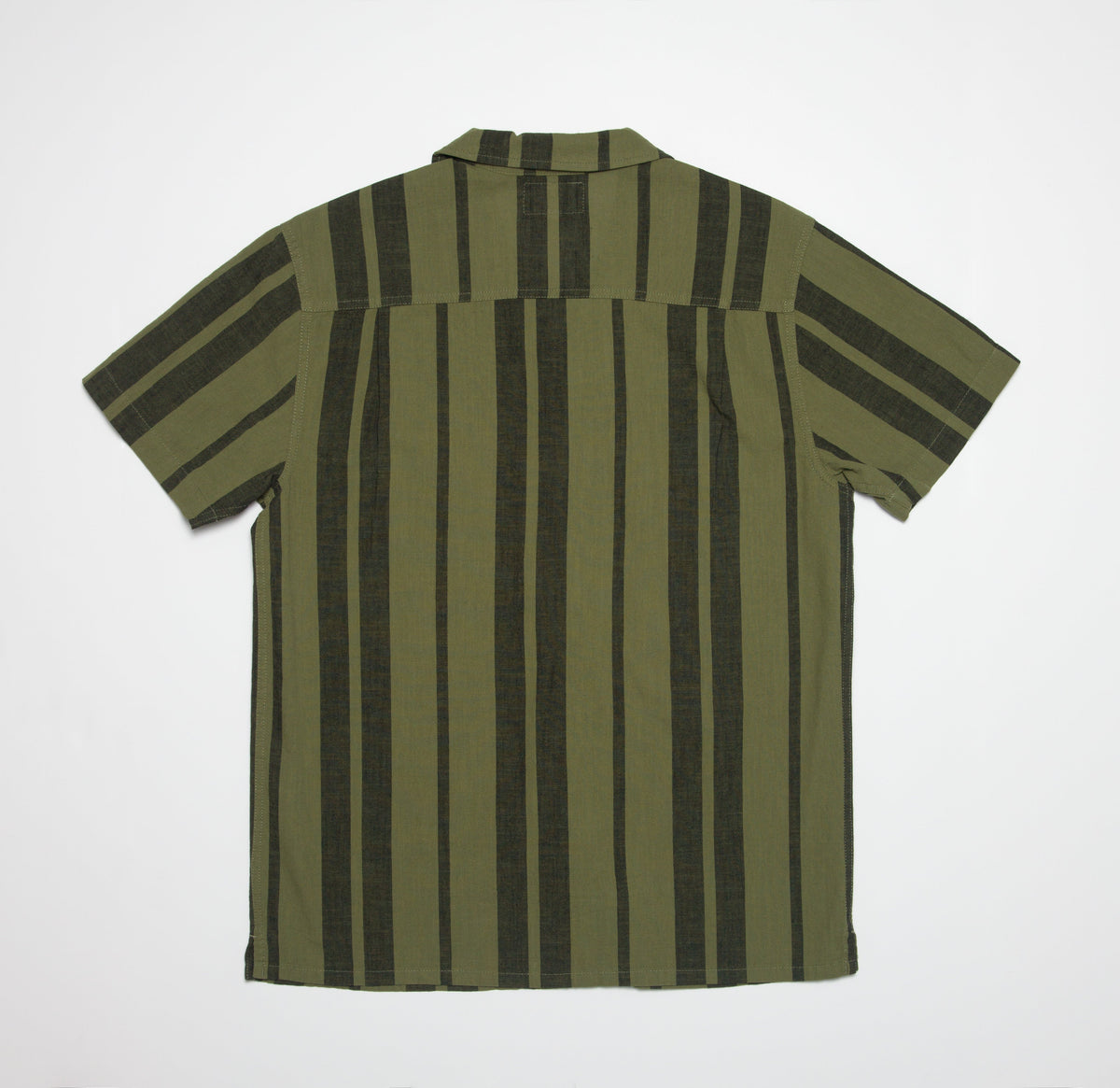 Angelo Short Sleeve Camp Shirt in olive green with dark vertical stripes, shown from the back, beach-inspired comfortable apparel.