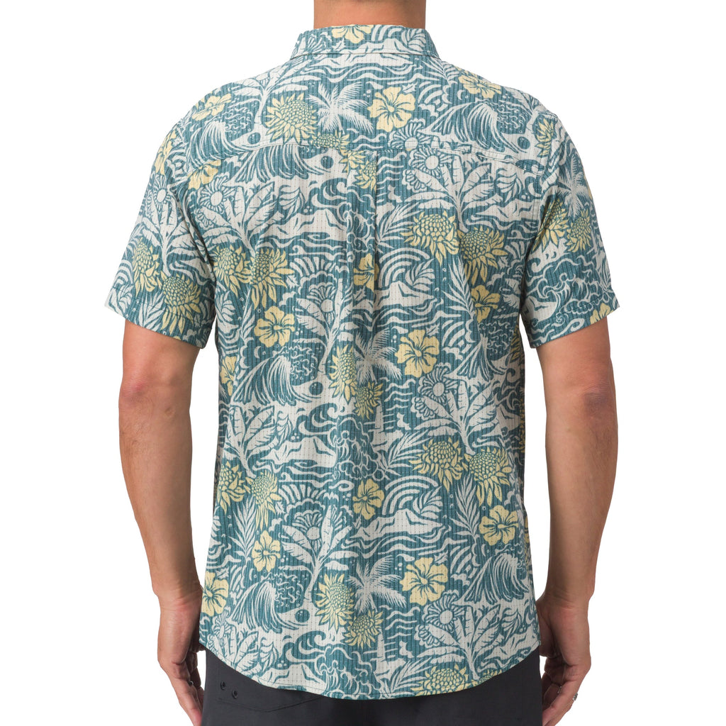 Back view of Eugene Woven Shirt in green floral pattern, perfect for beach-inspired, comfortable men's apparel.