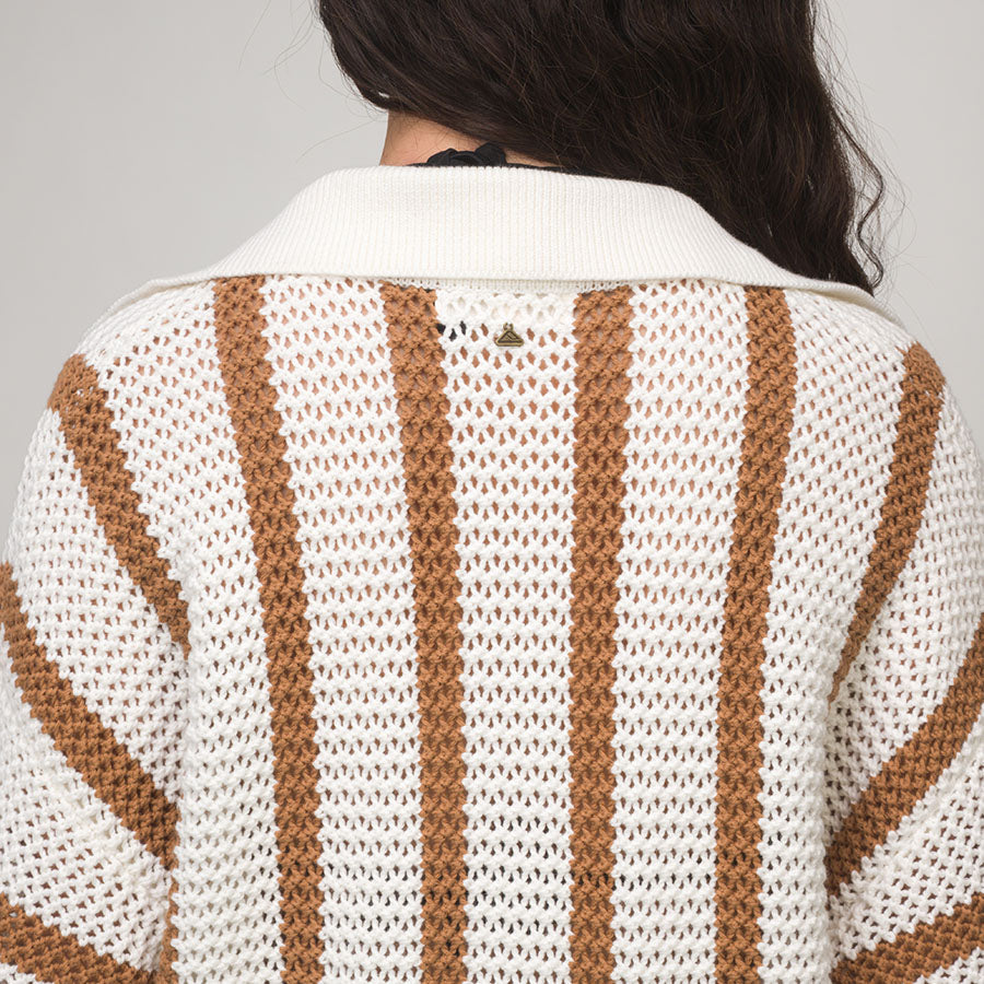 Back view close-up of Mika Button Down Top showing white and brown striped knit fabric with wide collar
