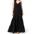 Model wearing a black Yuni Maxi Dress with deep notched neckline and tie detail, full length, front view, StoreRank.ai All Products