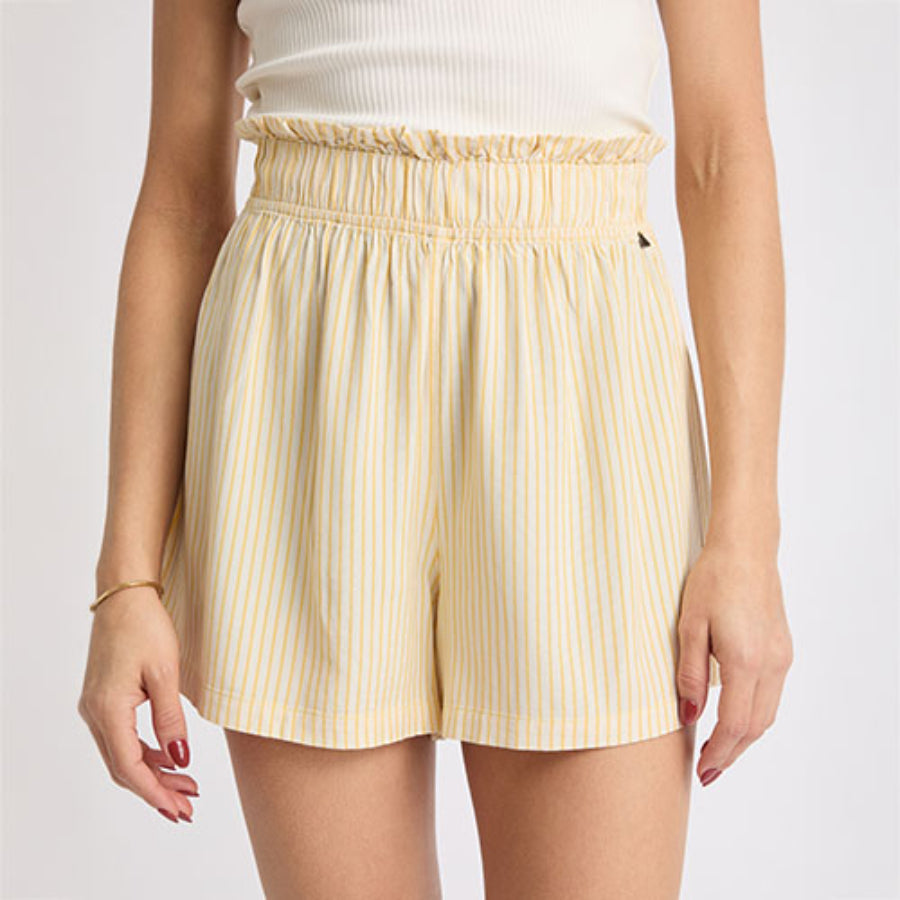 Front view of Ellie Short in light yellow vertical stripes, featuring a gathered waistband for beach-inspired comfort and style.