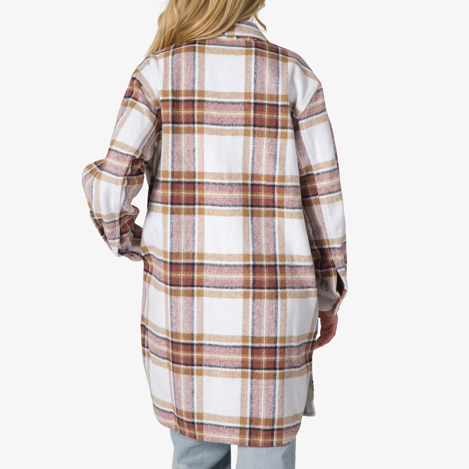 Victoria Shacket shown from back, women’s plaid shacket with comfort-focused, surf-inspired design for beach lifestyle.