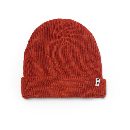 Alyx Beanie front view in chili red, knit fabric with folded cuff and small REEF tag, beach-inspired comfort apparel.