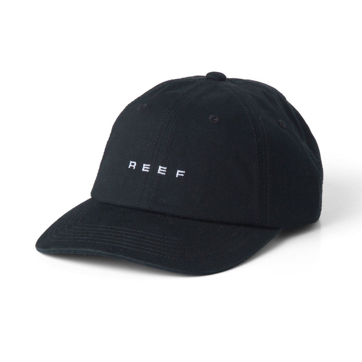 Schotts Twill Hat front left view black cotton cap with REEF logo, beach-inspired comfort and durable design for men.