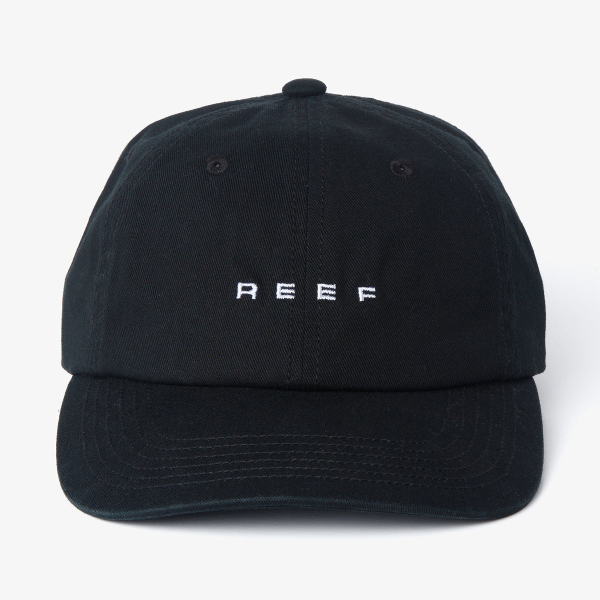 Front view of black Schotts Twill Hat with white REEF logo, featuring lightweight, durable, and comfortable beach-inspired design.