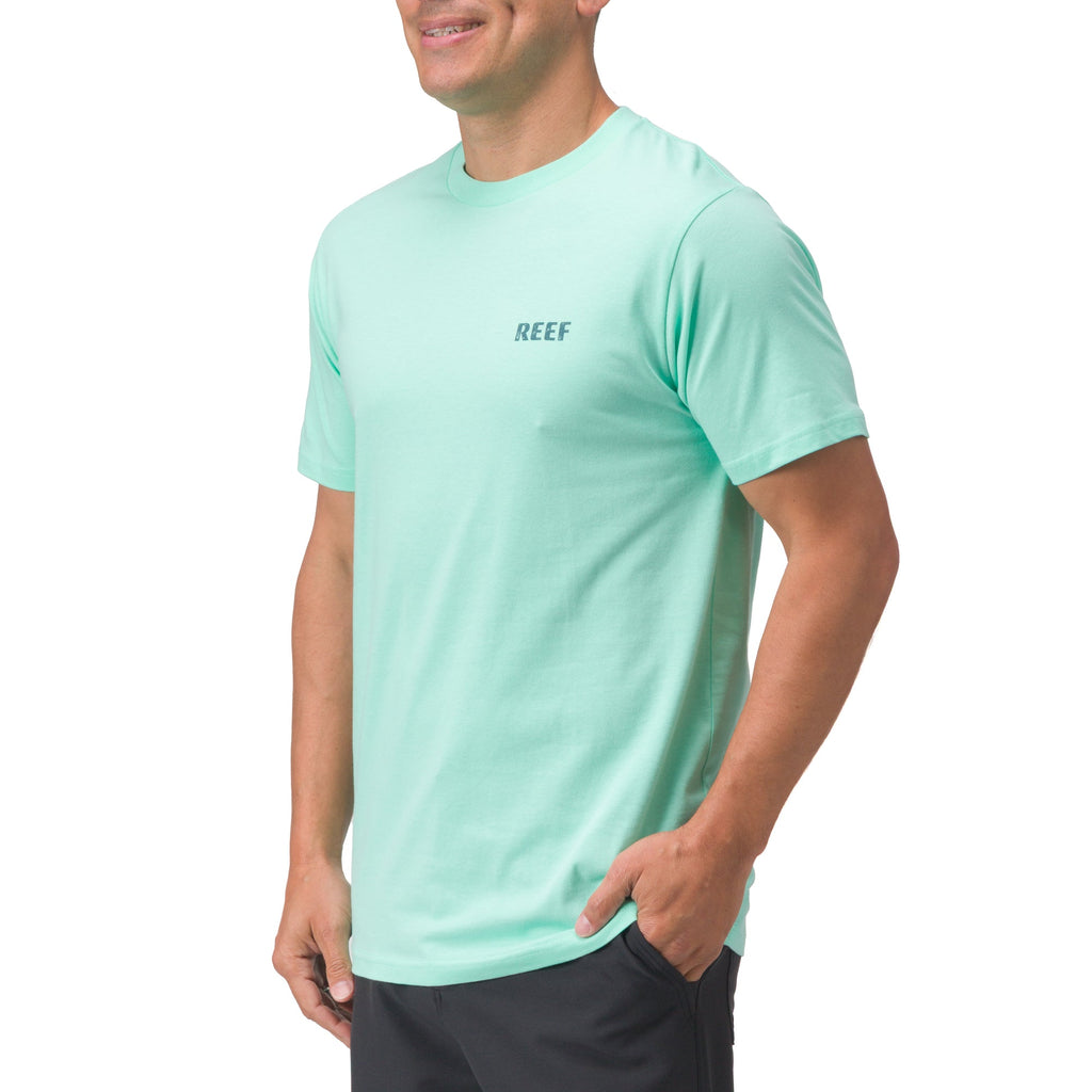 Wellie Too Tee men's aqua green surf-inspired shirt front right side view with soft, comfortable fabric and beach style