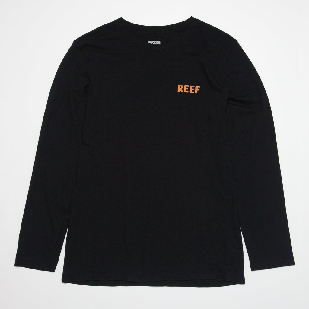 Wellie 24 Long Sleeve Tee front view in black with orange REEF logo, surf-inspired comfort apparel for beach and active lifestyles.