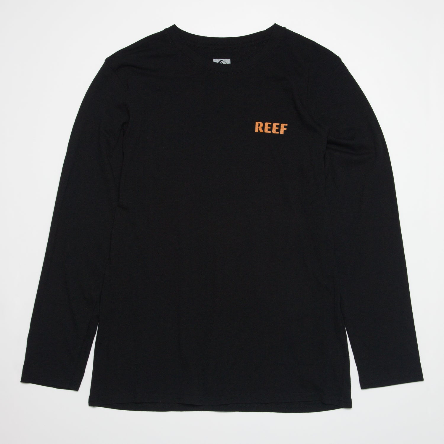 Wellie 24 Long Sleeve Tee front view in black with orange REEF logo, surf-inspired comfort apparel for beach and active lifestyles.