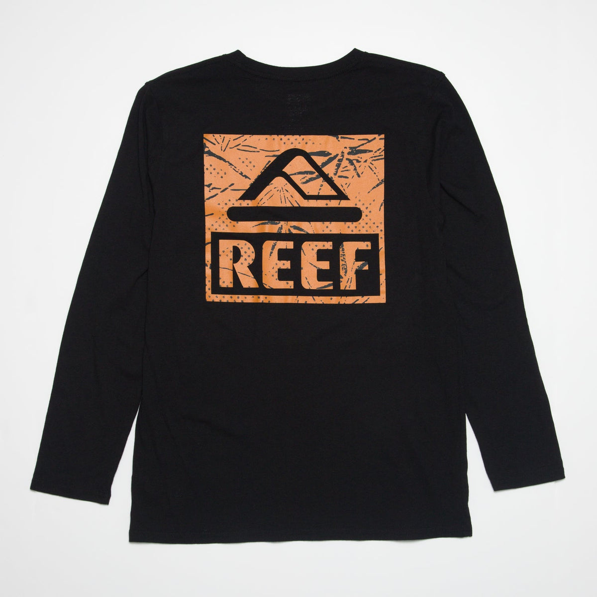 Wellie 24 Long Sleeve Tee in black showing back with large orange REEF logo, surf-inspired comfort apparel for beach lifestyles