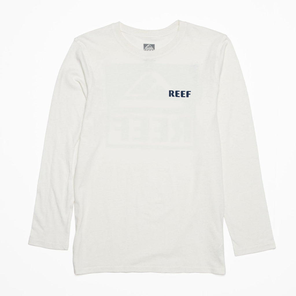Wellie 24 Long Sleeve Tee front view white soft cotton tee with REEF logo, designed for beach comfort and durability.