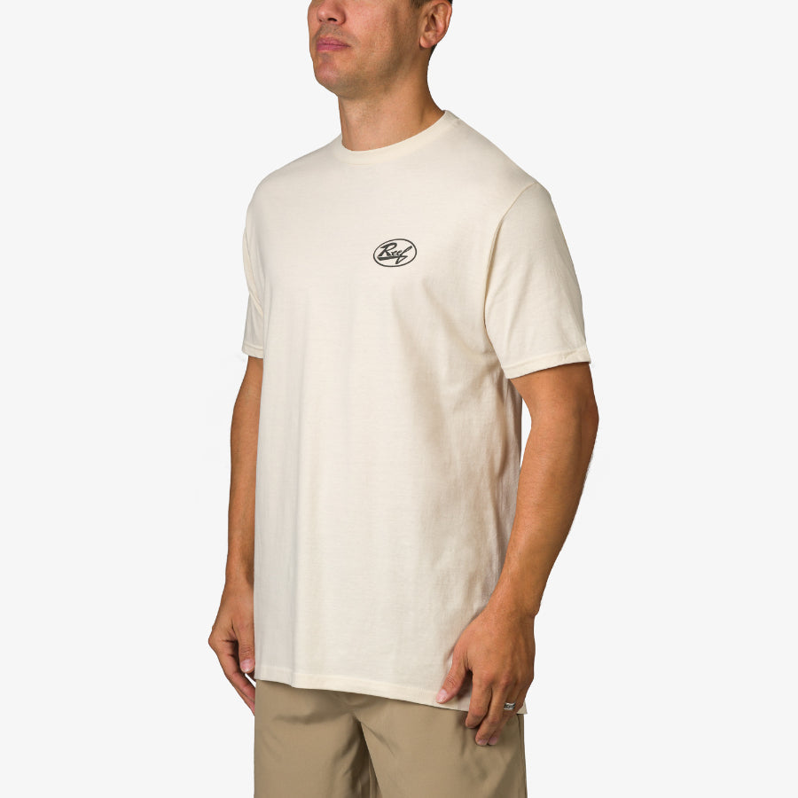 Men wearing cream Auto Tee with small chest logo, showcasing relaxed fit and beach-inspired casual style from front left angle