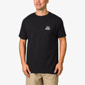 Man wearing a black Strings Tee facing forward, showcasing REEF logo on chest in a beach-inspired casual style.