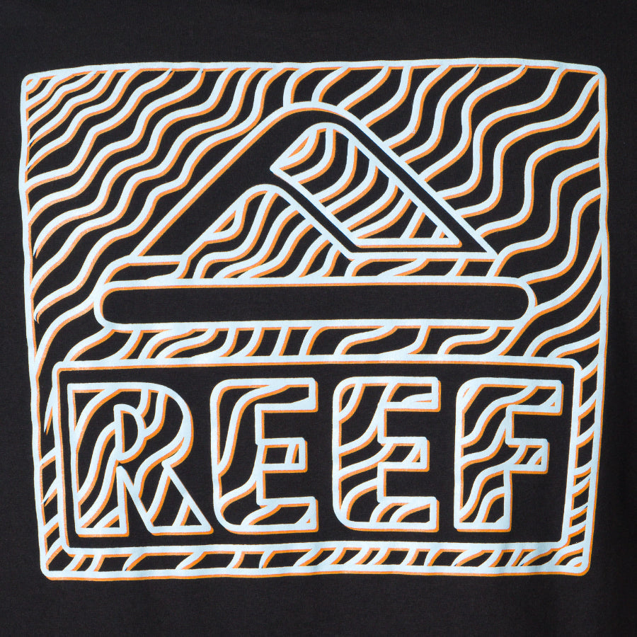 Close-up of the black Strings Tee with white and orange REEF logo featuring wavy lines, surf-inspired comfort apparel for men.