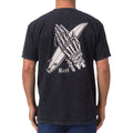 Rear view of men's Pray Tee in black featuring skeletal hands holding a surfboard, showcasing beach-inspired comfort apparel.