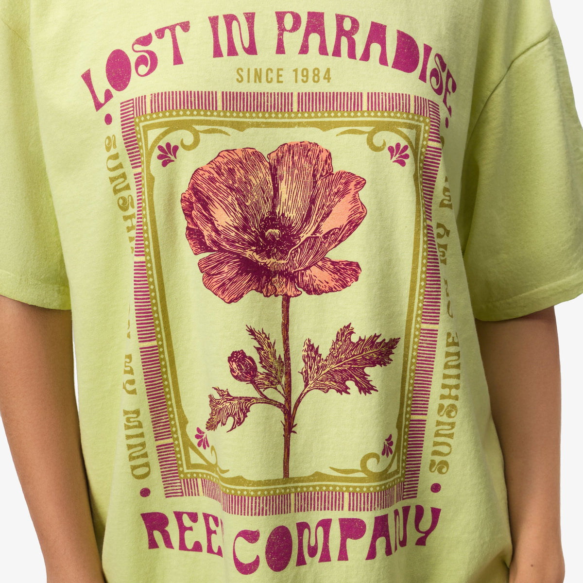 Lost Girls Boyfriend Crew showing front upper shirt with vintage floral print in pink on light green fabric