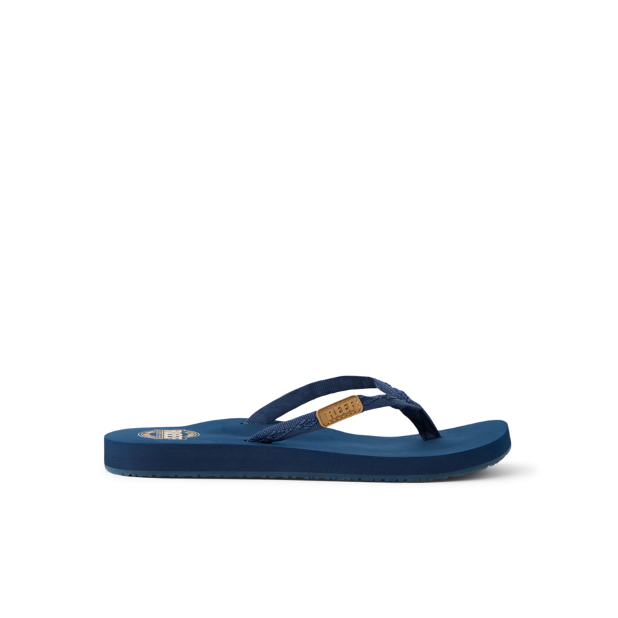 Ginger women's navy blue flip flop sandal facing left with anatomical arch support and soft-rebound cushioning by REEF