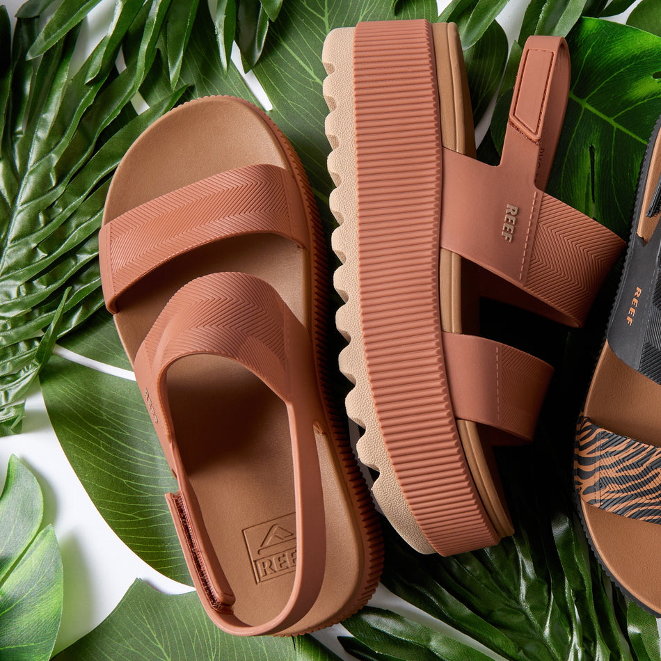 Water Vista Higher women's sandals side and top views, platform sole, comfort-focused, beach-inspired design by REEF.