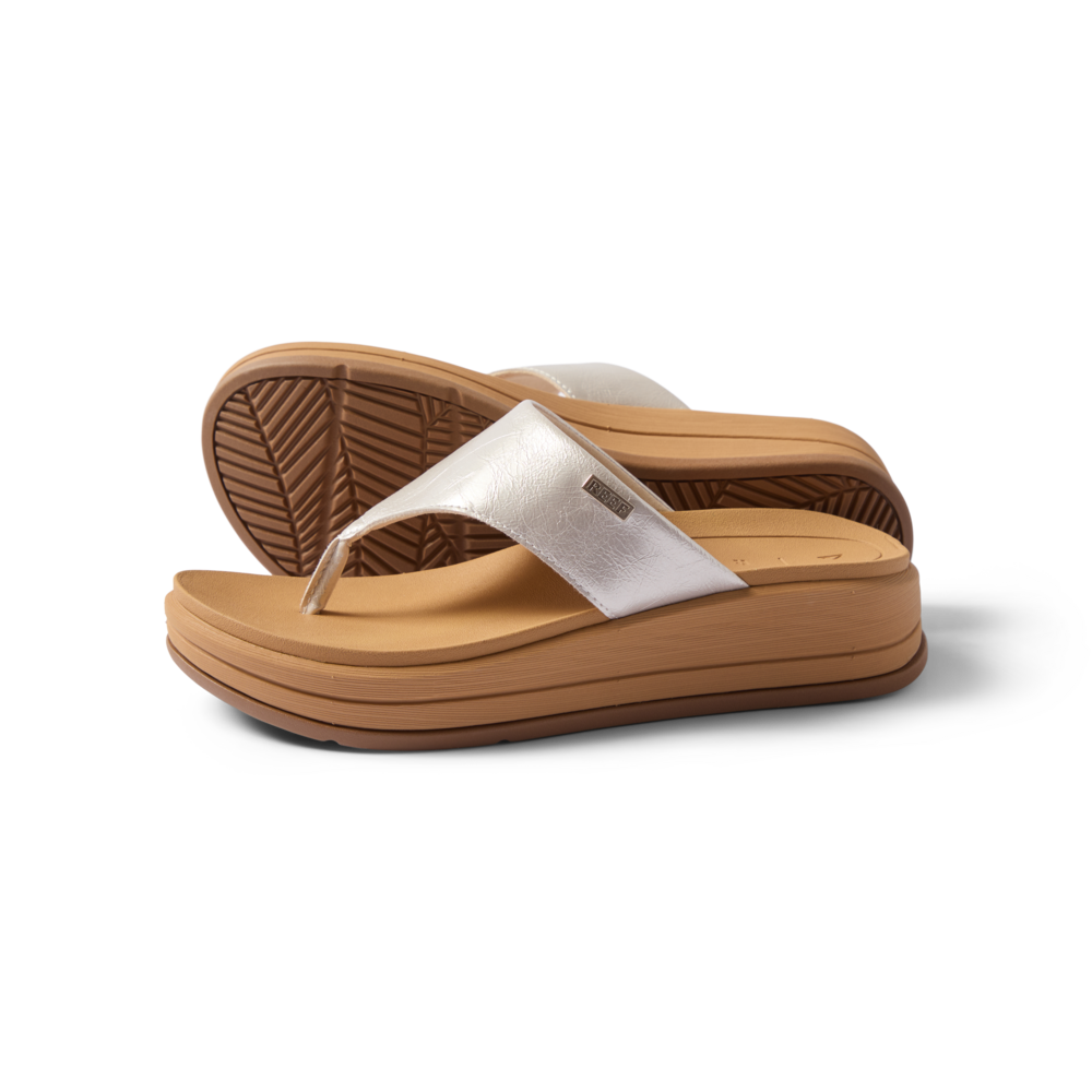 Aura Serenity women's sandals facing right, close-up of upper and cushioned sole showing comfort design.