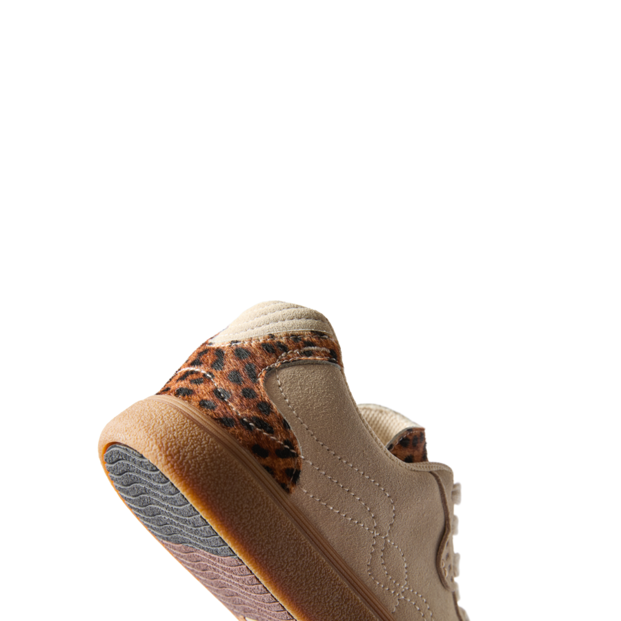 Boardwalk Callie sneaker facing left, close-up on heel with cheetah print, soft cushioning and arch support.
