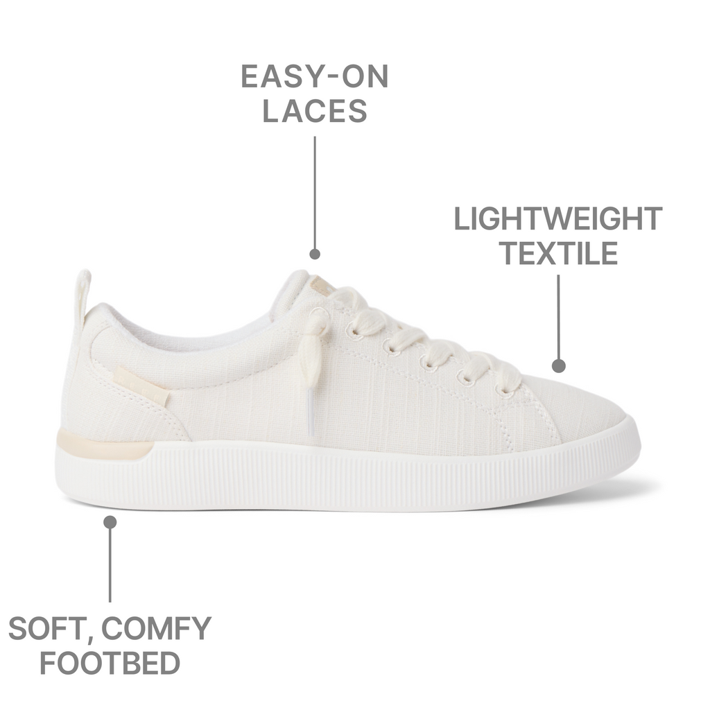 Side view of Neptune Alana women’s sneaker facing right with easy-on laces, lightweight textile, and soft comfy footbed.