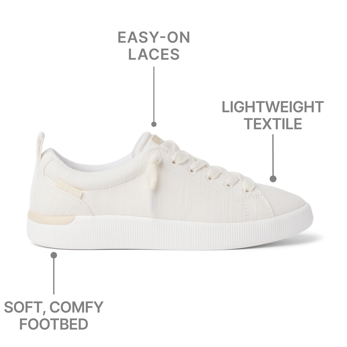 Side view of Neptune Alana women’s sneaker facing right with easy-on laces, lightweight textile, and soft comfy footbed.