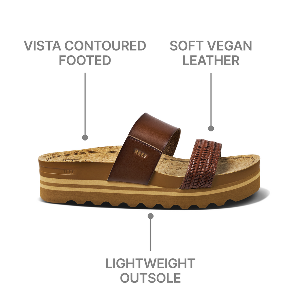 Cushion Vista Hi right-facing women's sandal with soft vegan leather, contoured footbed, and lightweight outsole for beach comfort.