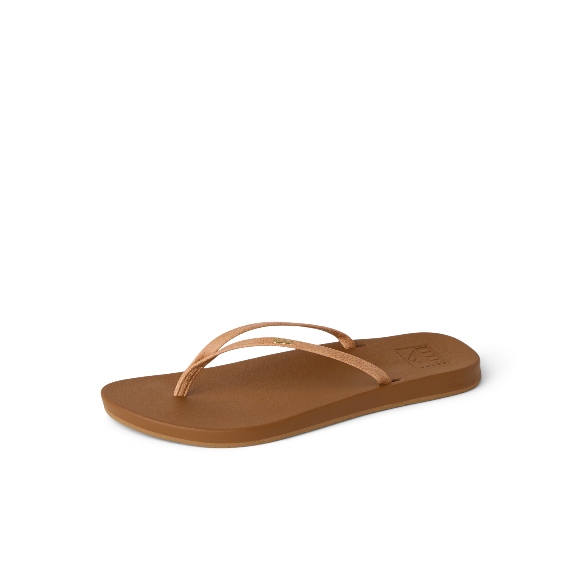 Cushion Slim women's tan sandal facing left, featuring soft-rebound cushioning and anatomical arch support for comfort.