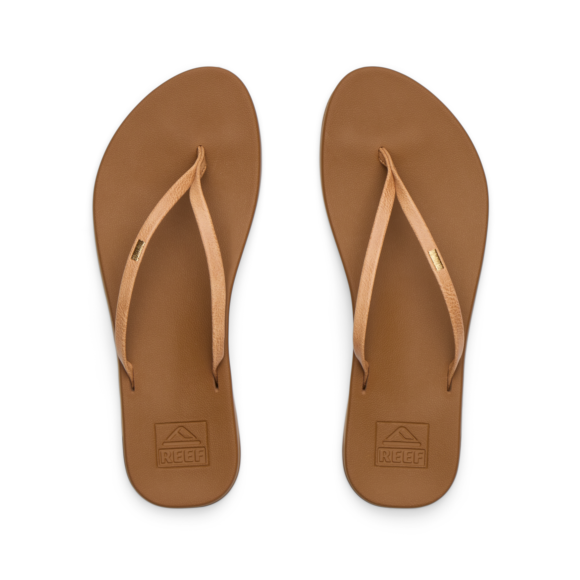 Top view of Cushion Slim women's tan sandals with soft-rebound cushioning and anatomical arch support for beach comfort.