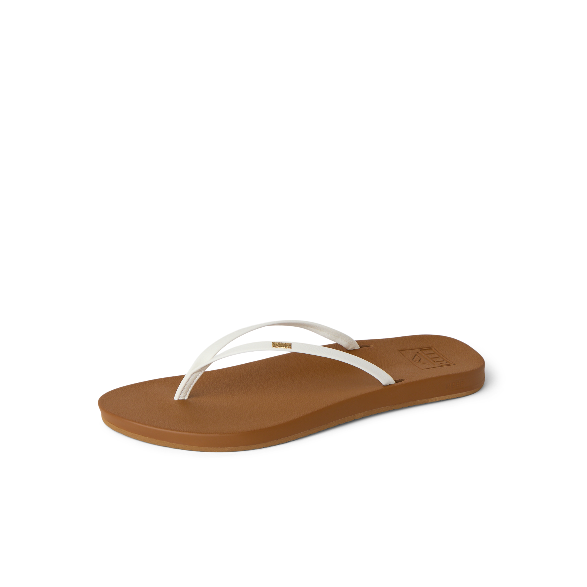 Cushion Slim women's sandal facing right, white straps with tan cushioned footbed, surf-inspired comfort and arch support.