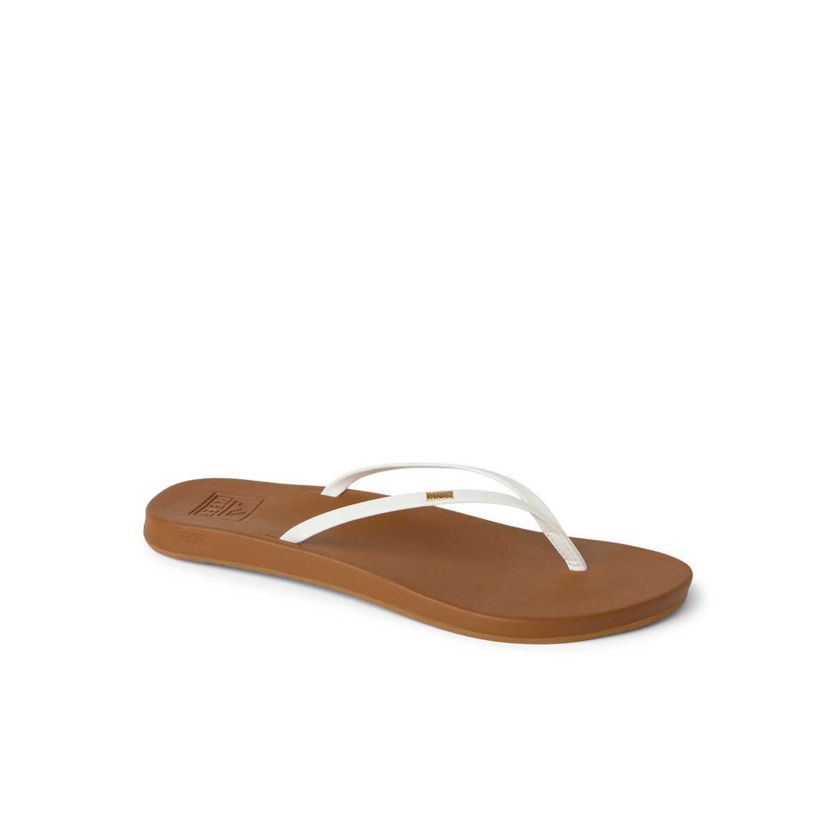 Cushion Slim white and tan flip flop facing right with anatomical arch support and soft cushioning for beach comfort.