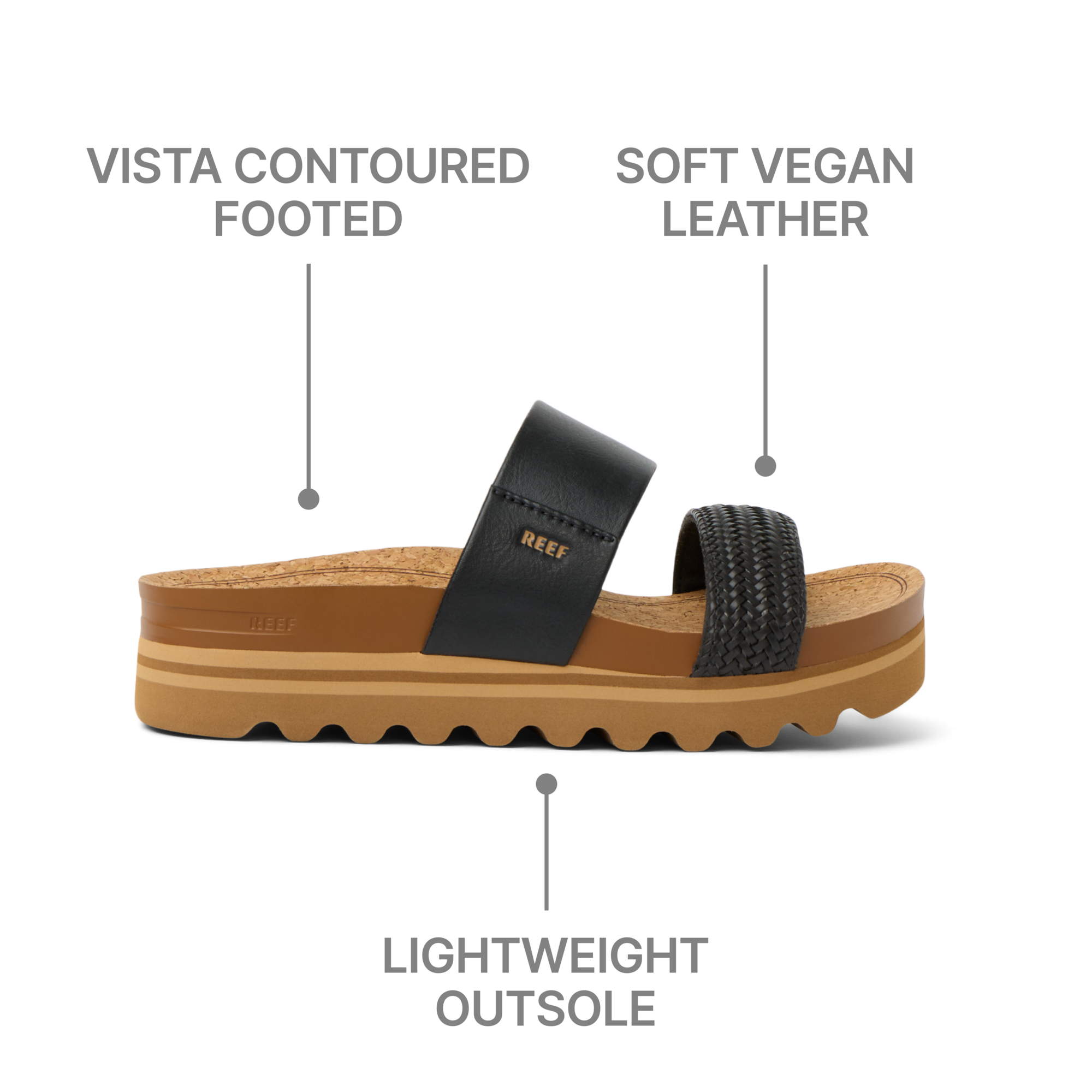 Cushion Vista Hi women's right sandal side view featuring soft vegan leather, contoured footbed, and lightweight outsole.