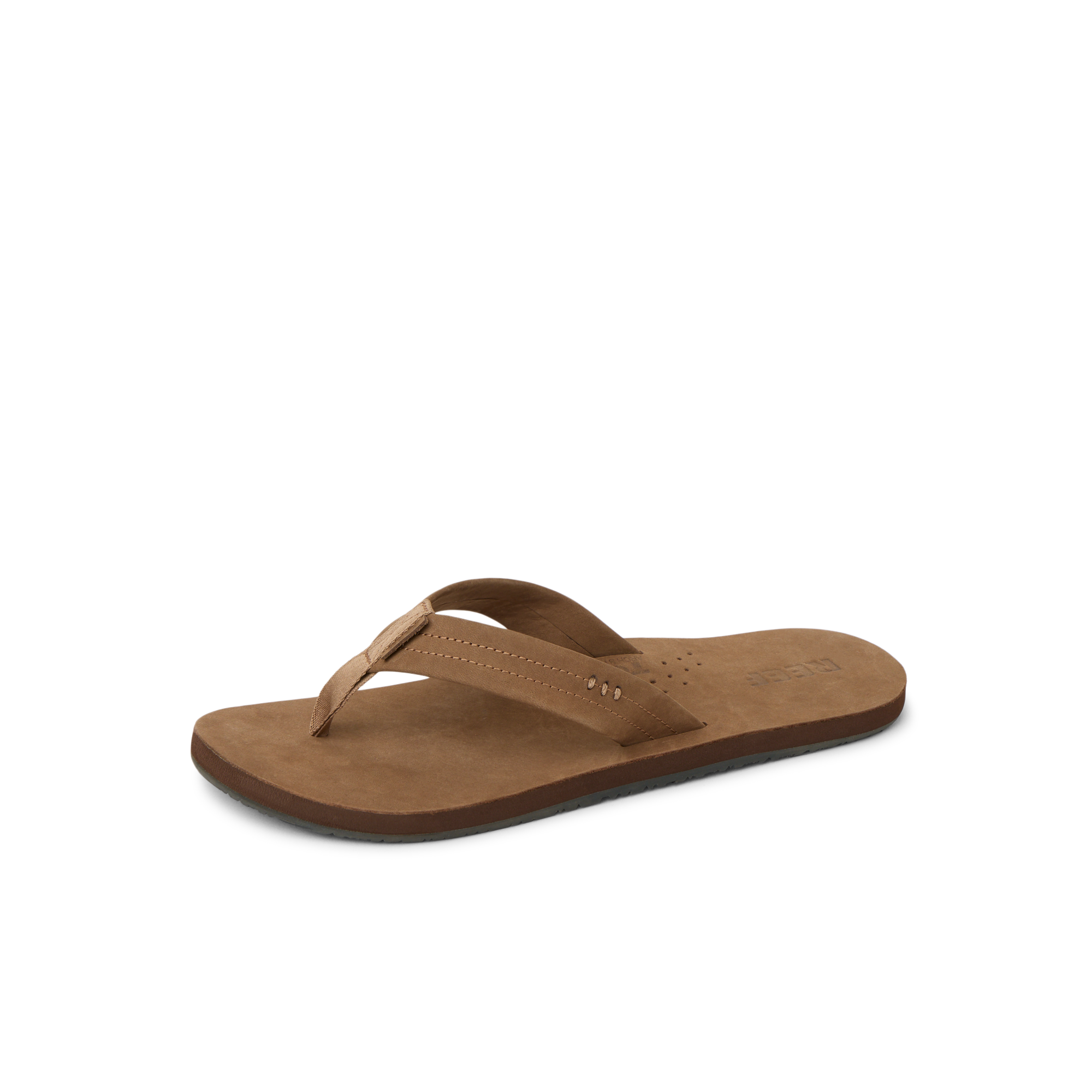 Reef Draftsmen brown men’s sandal facing right, close-up of cushioned footbed and arch support straps