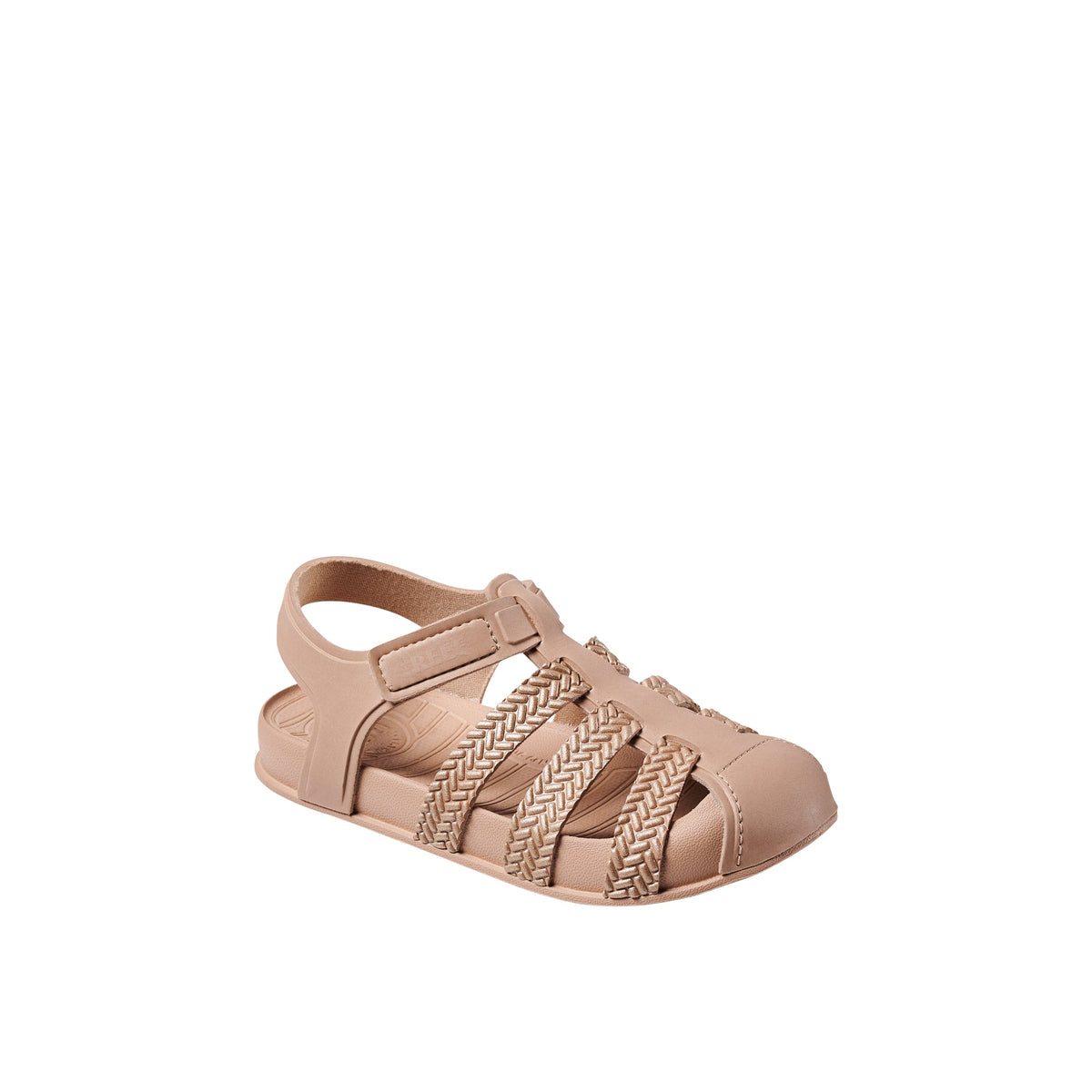 Kids Water Beachy sandal in tan facing left, close-up of front and side with braided straps, beach-inspired comfort design.
