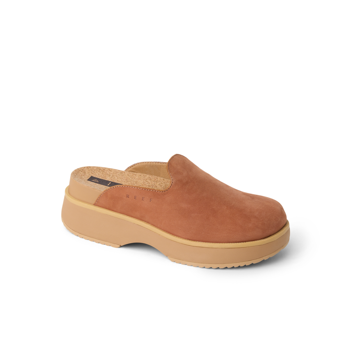Vista Skye women's slip-on clog facing right, caramel color with cushioned arch support and durable sole