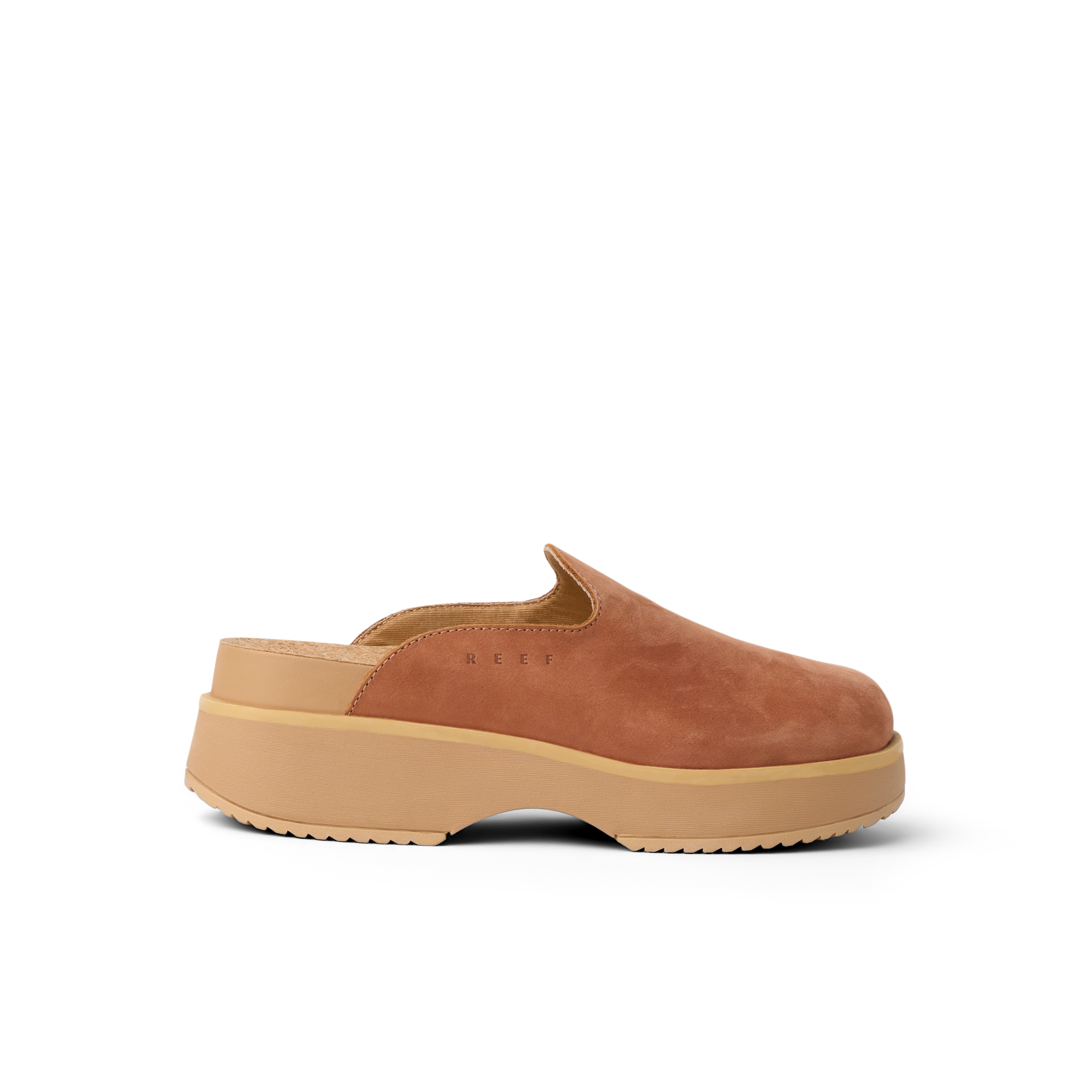 Vista Skye women's sandal facing right, caramel color with platform sole, designed for beach comfort and support by REEF.