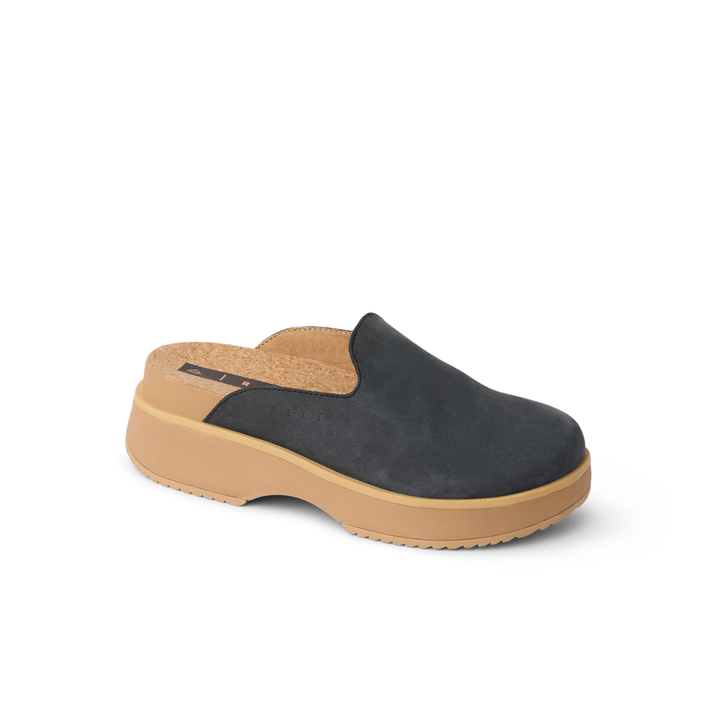Vista Skye women's charcoal slip-on clog facing left, featuring cushioned arch support and durable sole for beach comfort.