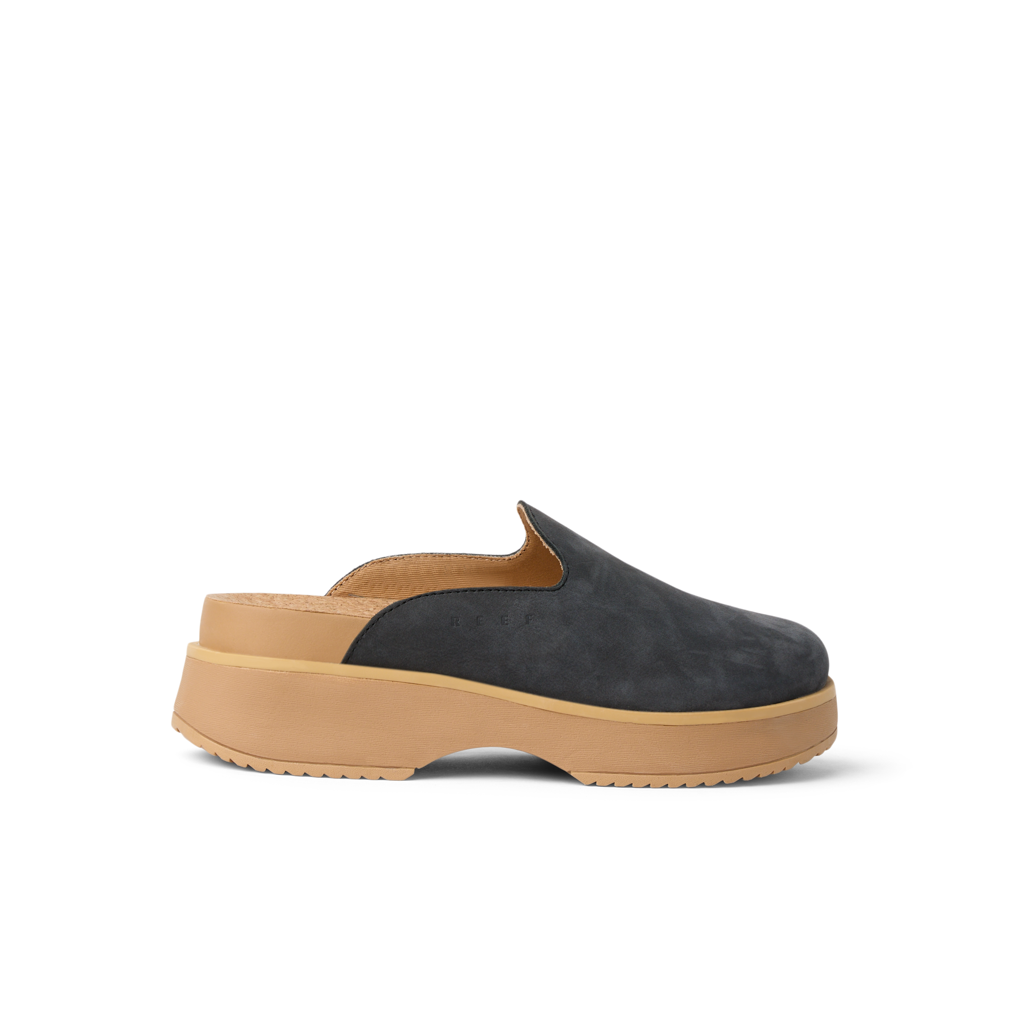 Vista Skye women's charcoal slip-on shoe facing right, showcasing soft-rebound cushioning and arch support for beach comfort.